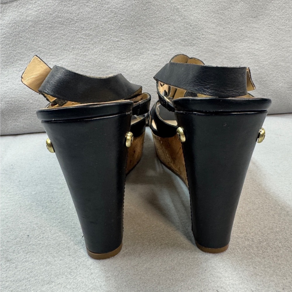 Boho Black Gold Guess Wedge Sandals Womens 10 Leather Cork Platform Strappy - Picture 4 of 9